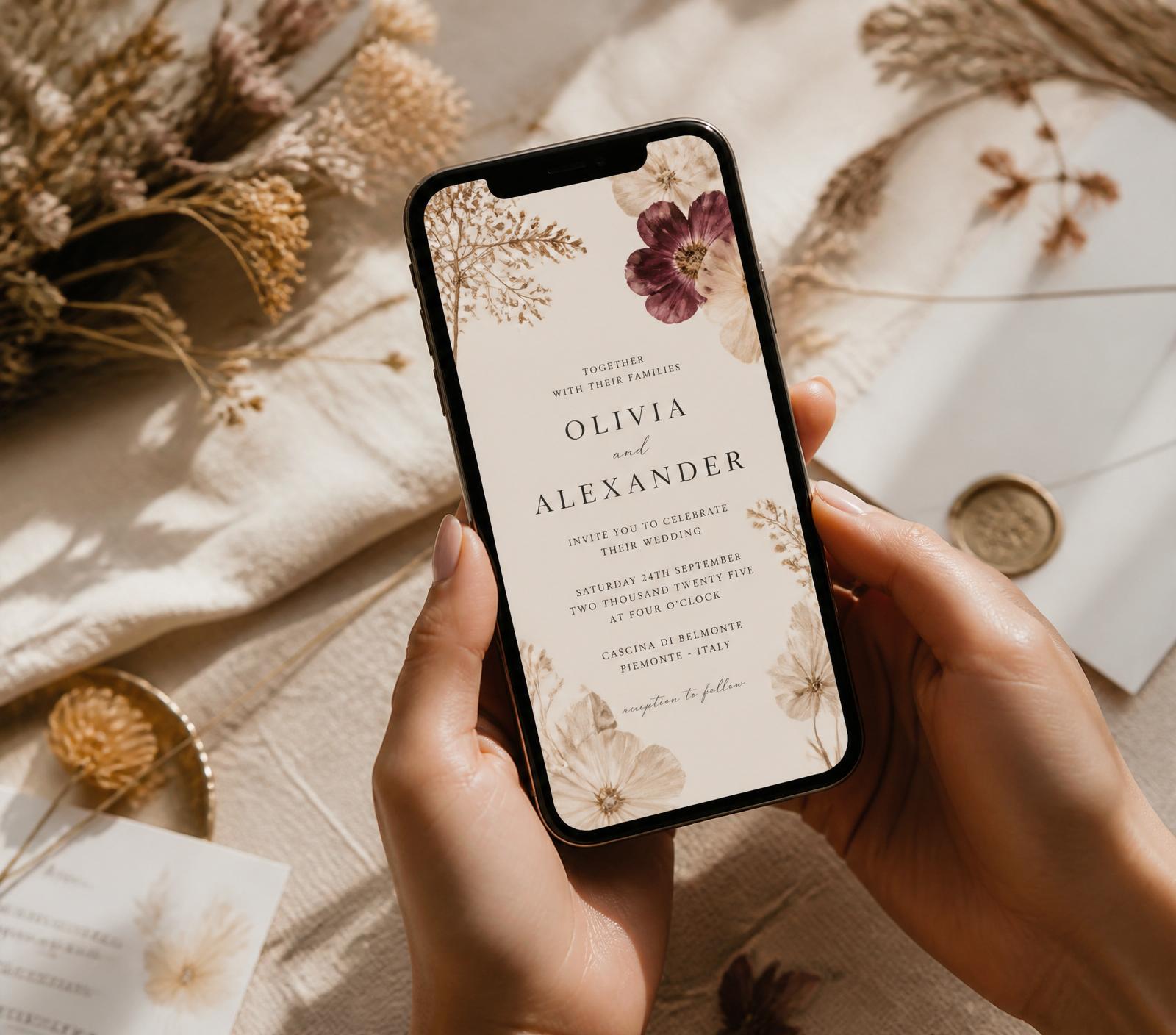 Hands holding a phone displaying an elegant digital wedding invitation